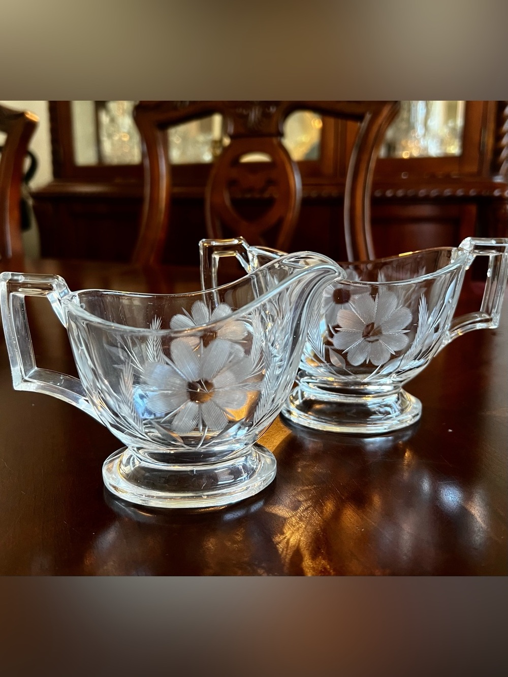Authentic Heisey Daisy Etched Glass Cream and Sugar Set